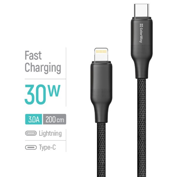 Фото - Кабель Colorway Type-C - Apple Lightning (TPE embossed) (PD Fast Charging 30W) 2м Black (CW-CBPDCL102-BK)